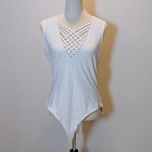 NWT GUESS SIZE XL WHITE THONG BODYSUIT WITH CRISS CROSS NECKLINE